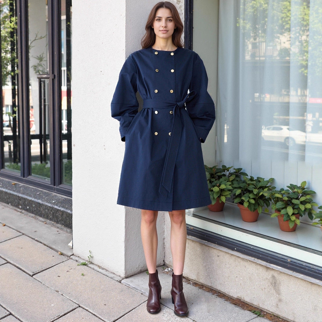 Elegant Solid Color Double Breasted Trench Coat For Women In Polyester Fabric With Belt Detail