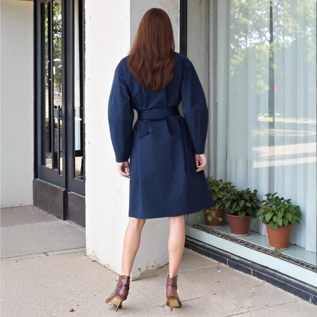 Elegant Solid Color Double Breasted Trench Coat For Women In Polyester Fabric With Belt Detail