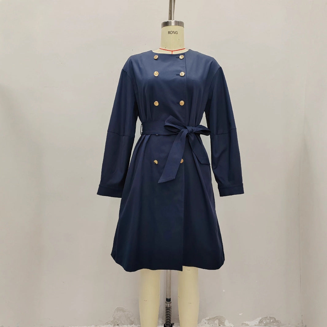 Elegant Solid Color Double Breasted Trench Coat For Women In Polyester Fabric With Belt Detail