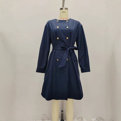 Elegant Solid Color Double Breasted Trench Coat For Women In Polyester Fabric With Belt Detail