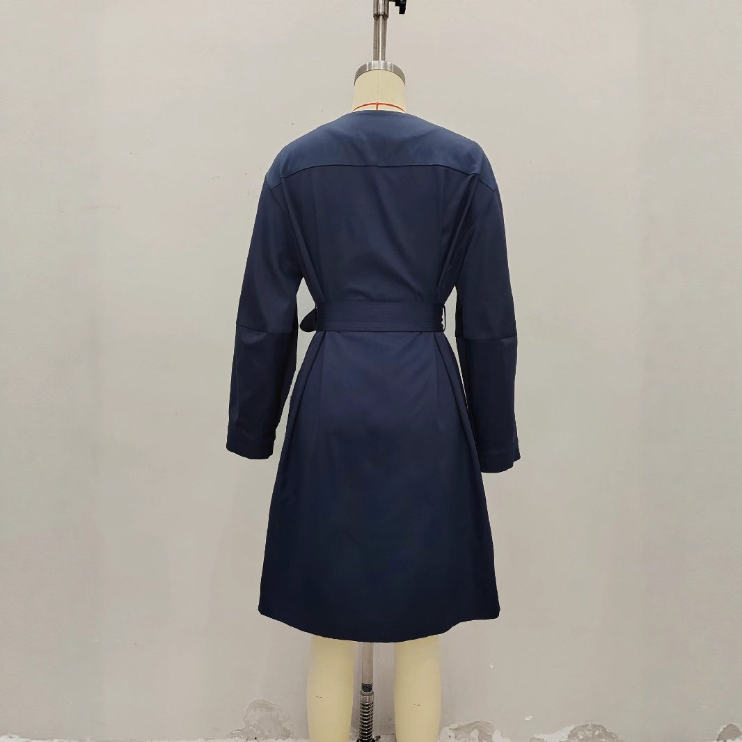 Elegant Solid Color Double Breasted Trench Coat For Women In Polyester Fabric With Belt Detail