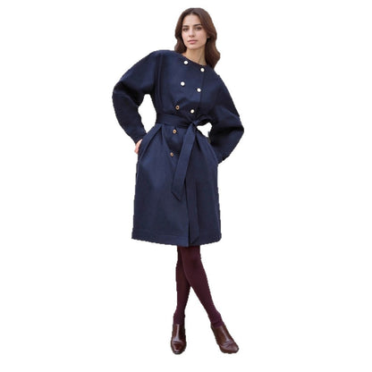 Elegant Solid Color Double Breasted Trench Coat For Women In Polyester Fabric With Belt Detail