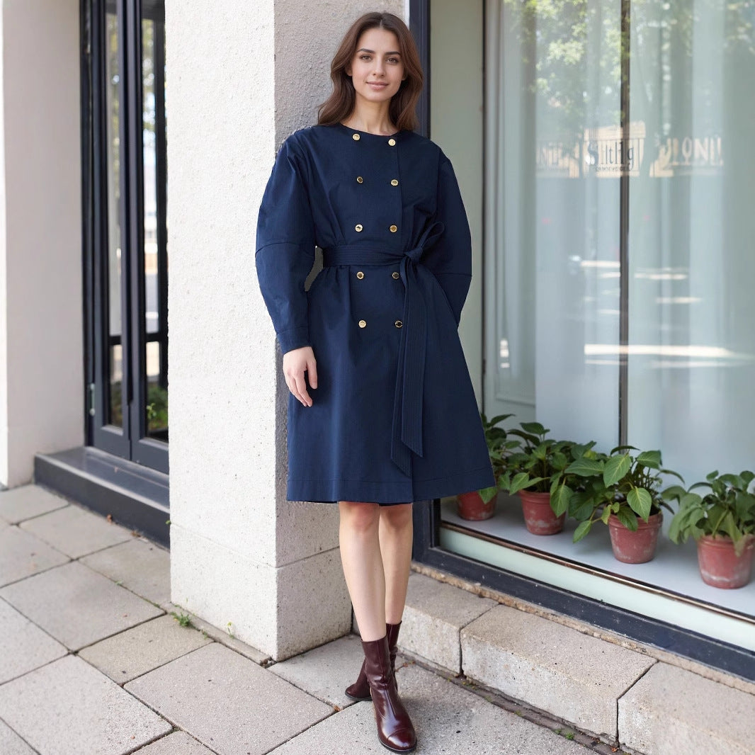 Elegant Solid Color Double Breasted Trench Coat For Women In Polyester Fabric With Belt Detail