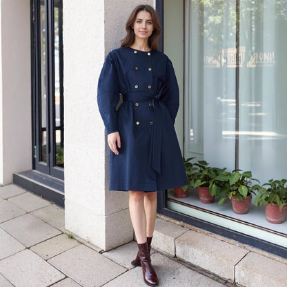 Elegant Solid Color Double Breasted Trench Coat For Women In Polyester Fabric With Belt Detail