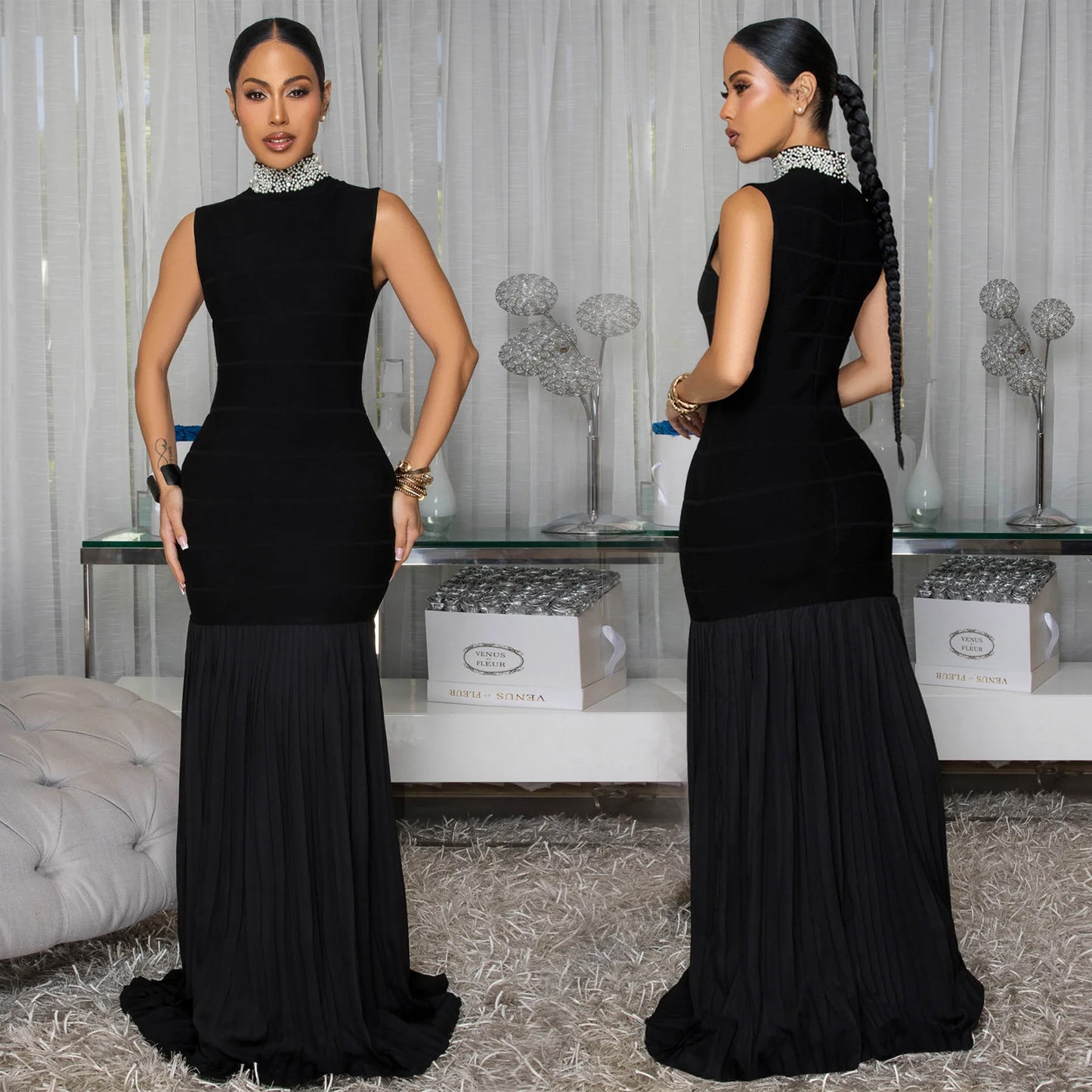 Elegant Solid Color Sleeveless Chiffon Midi Dress For Business Occasion