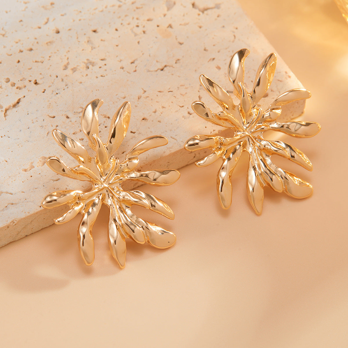 Asymmetrical Flowers Stud Earrings For Women In Zinc Alloy With Golden Plated Electroplated Finish