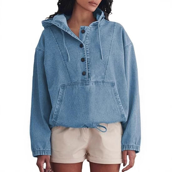 Streetwear Denim Jacket Hoodie Pullover For Women With Hooded Long Sleeve Design