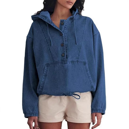 Streetwear Denim Jacket Hoodie Pullover For Women With Hooded Long Sleeve Design