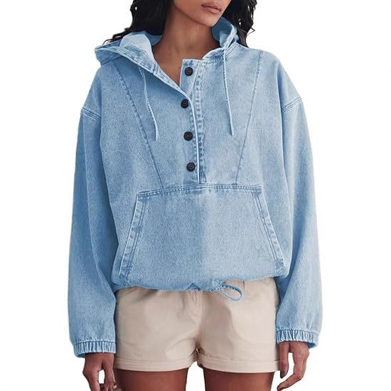 Streetwear Denim Jacket Hoodie Pullover For Women With Hooded Long Sleeve Design