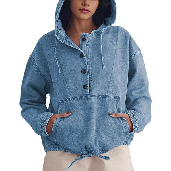Streetwear Denim Jacket Hoodie Pullover For Women With Hooded Long Sleeve Design