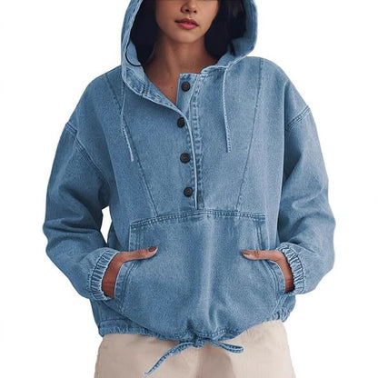 Streetwear Denim Jacket Hoodie Pullover For Women With Hooded Long Sleeve Design