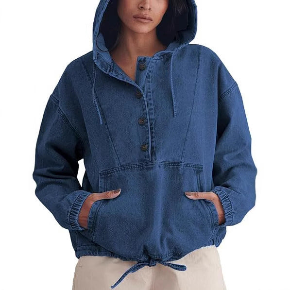 Streetwear Denim Jacket Hoodie Pullover For Women With Hooded Long Sleeve Design