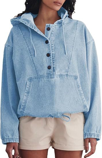 Streetwear Denim Jacket Hoodie Pullover For Women With Hooded Long Sleeve Design