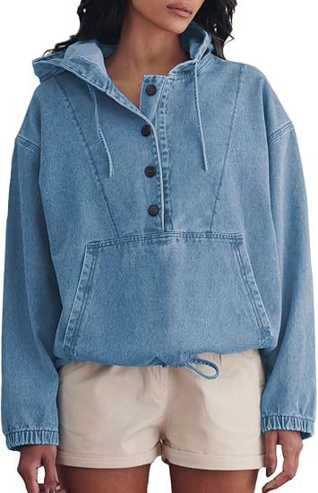 Streetwear Denim Jacket Hoodie Pullover For Women With Hooded Long Sleeve Design