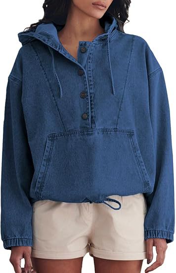 Streetwear Denim Jacket Hoodie Pullover For Women With Hooded Long Sleeve Design