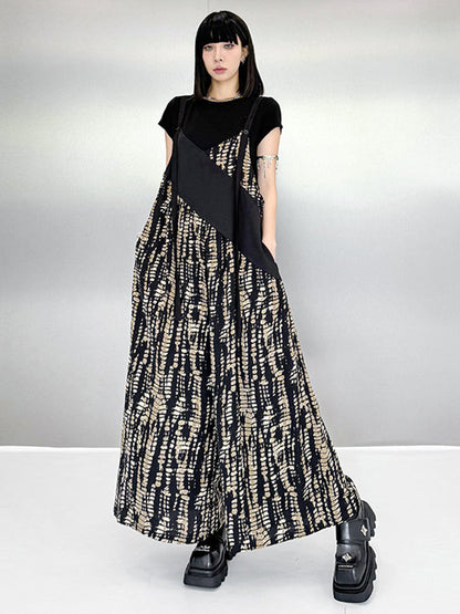 Loose Sleeveless Asymmetric Contrast Color Printed Split-Joint Spaghetti-Neck Overalls