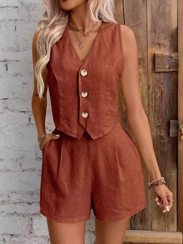 Sleeveless Split-Joint V-Neck Vest + High Waisted Pleated Shorts Two Pieces Set