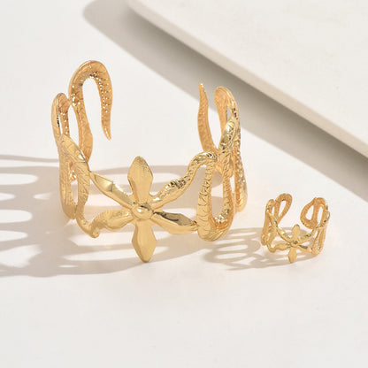 Golden Jewelry Set Featuring Flower Pattern Made Of Alloy, 1 Set