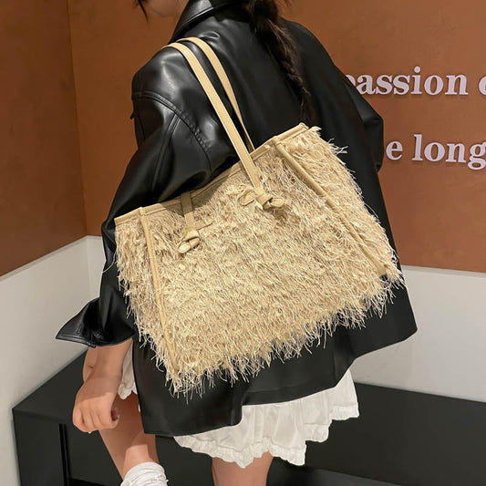 Square Plush Tote Bag For Women With Tassel And Top Handle, Large Capacity Shoulder Bag