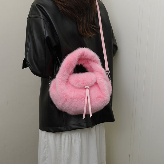 Women’s Plush Bucket Handbag With Sewing Thread Detail, Top Handle, Perfect For Autumn And Winter