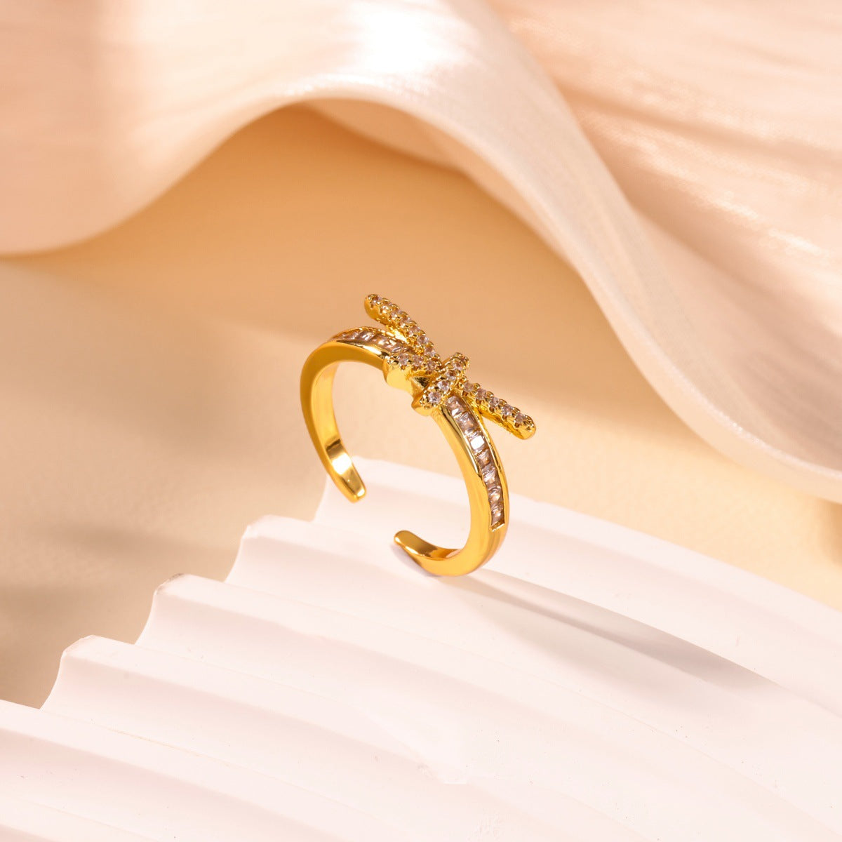 For Open Rings In Copper With 18K Real Gold Plated And Zircon Inlay, Golden Wedding Jewelry Accessory