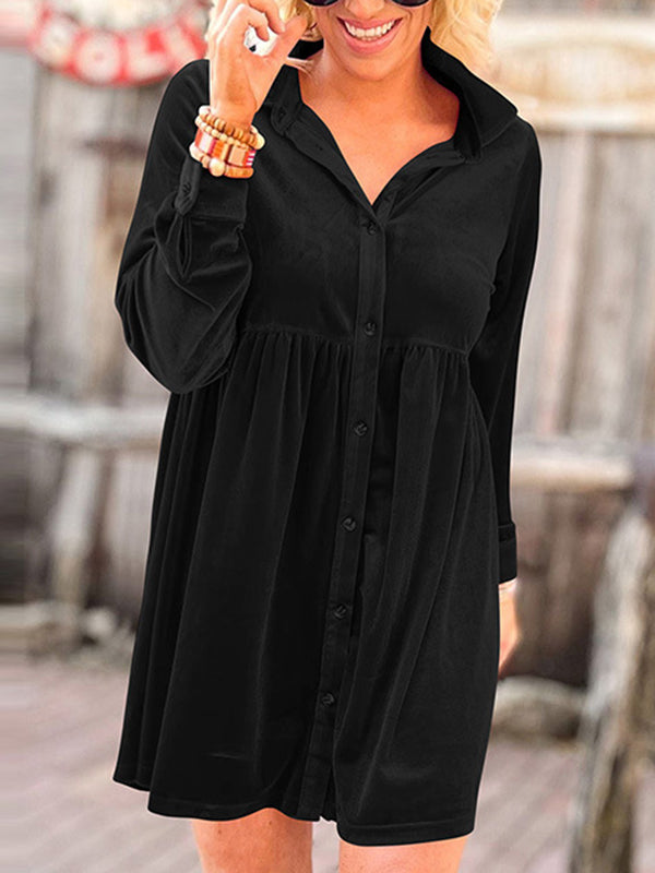 Long Sleeves Loose Pleated Split-Joint Velvet Lapel Mini Dresses Shirt Dress