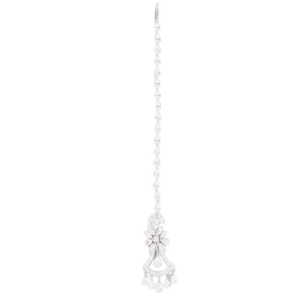 Water Droplets Hair Chain Insert Comb In Silver Alloy With Zircon Inlay