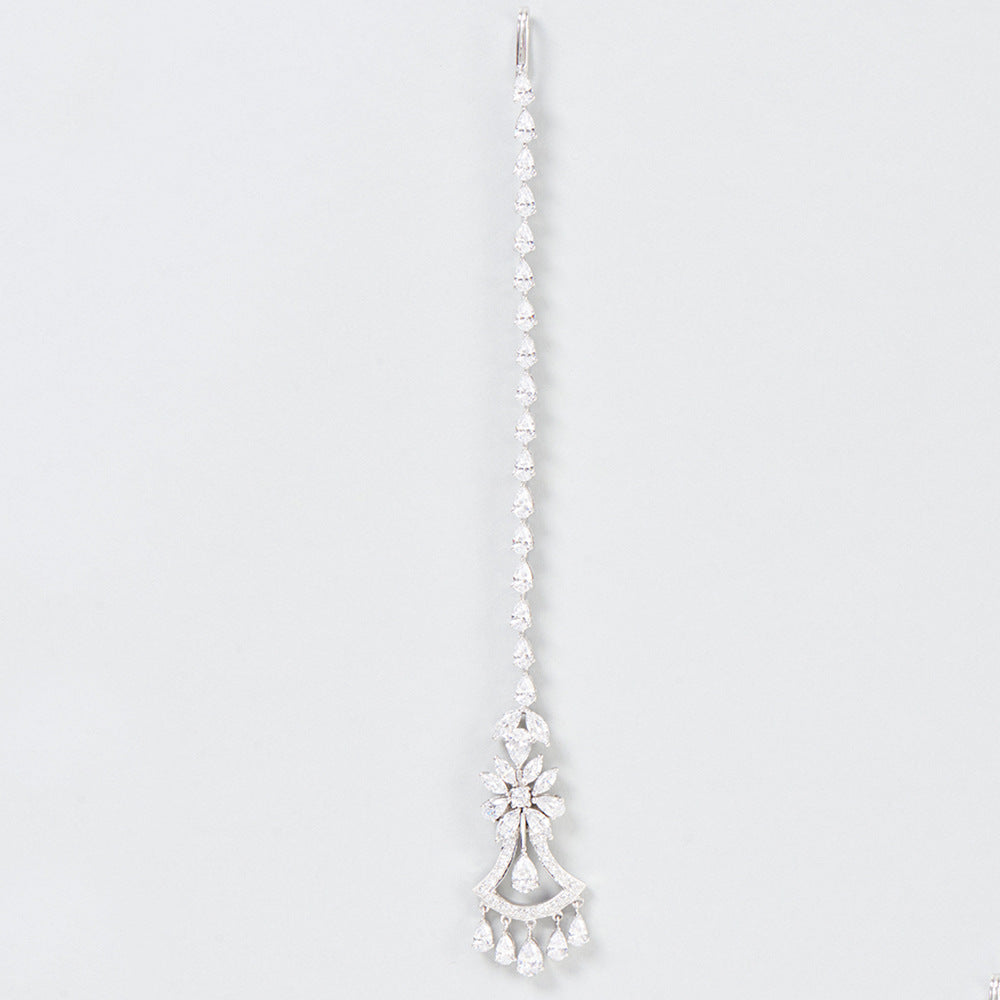 Water Droplets Hair Chain Insert Comb In Silver Alloy With Zircon Inlay