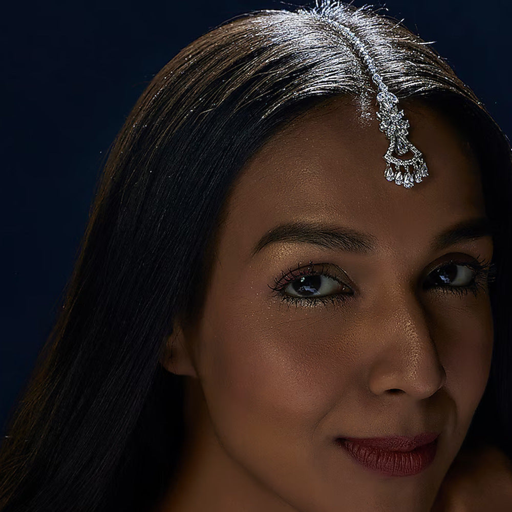 Water Droplets Hair Chain Insert Comb In Silver Alloy With Zircon Inlay