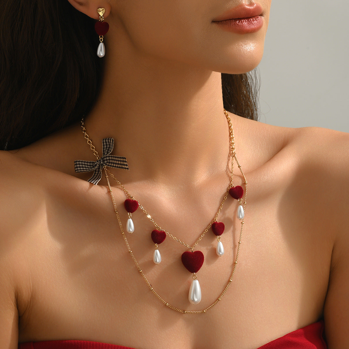 Valentine's Day Jewelry Set Featuring Heart Shape Design With Imitation Pearl In Red