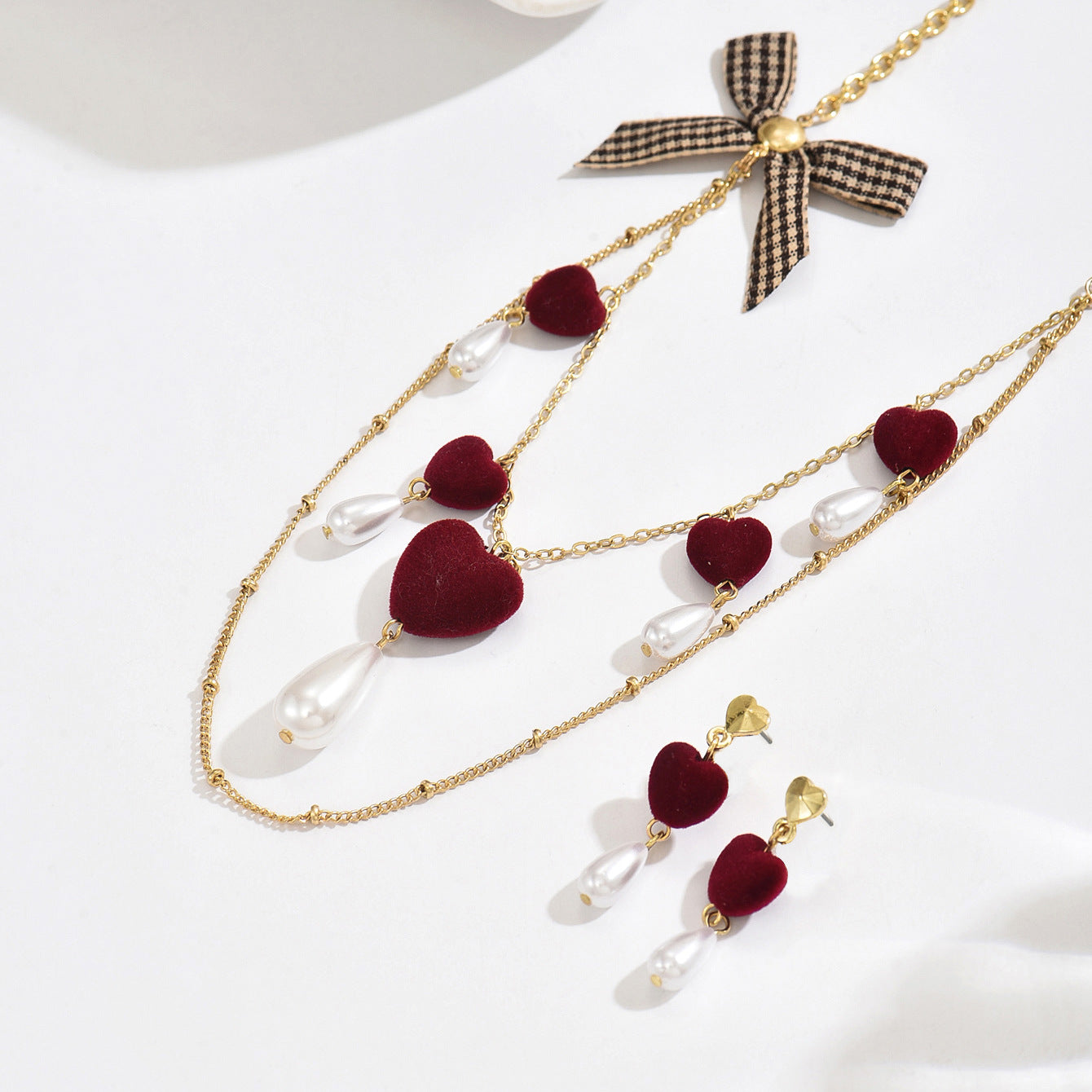 Valentine's Day Jewelry Set Featuring Heart Shape Design With Imitation Pearl In Red