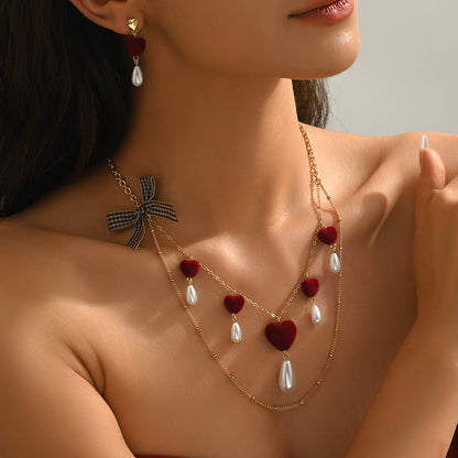 Valentine's Day Jewelry Set Featuring Heart Shape Design With Imitation Pearl In Red