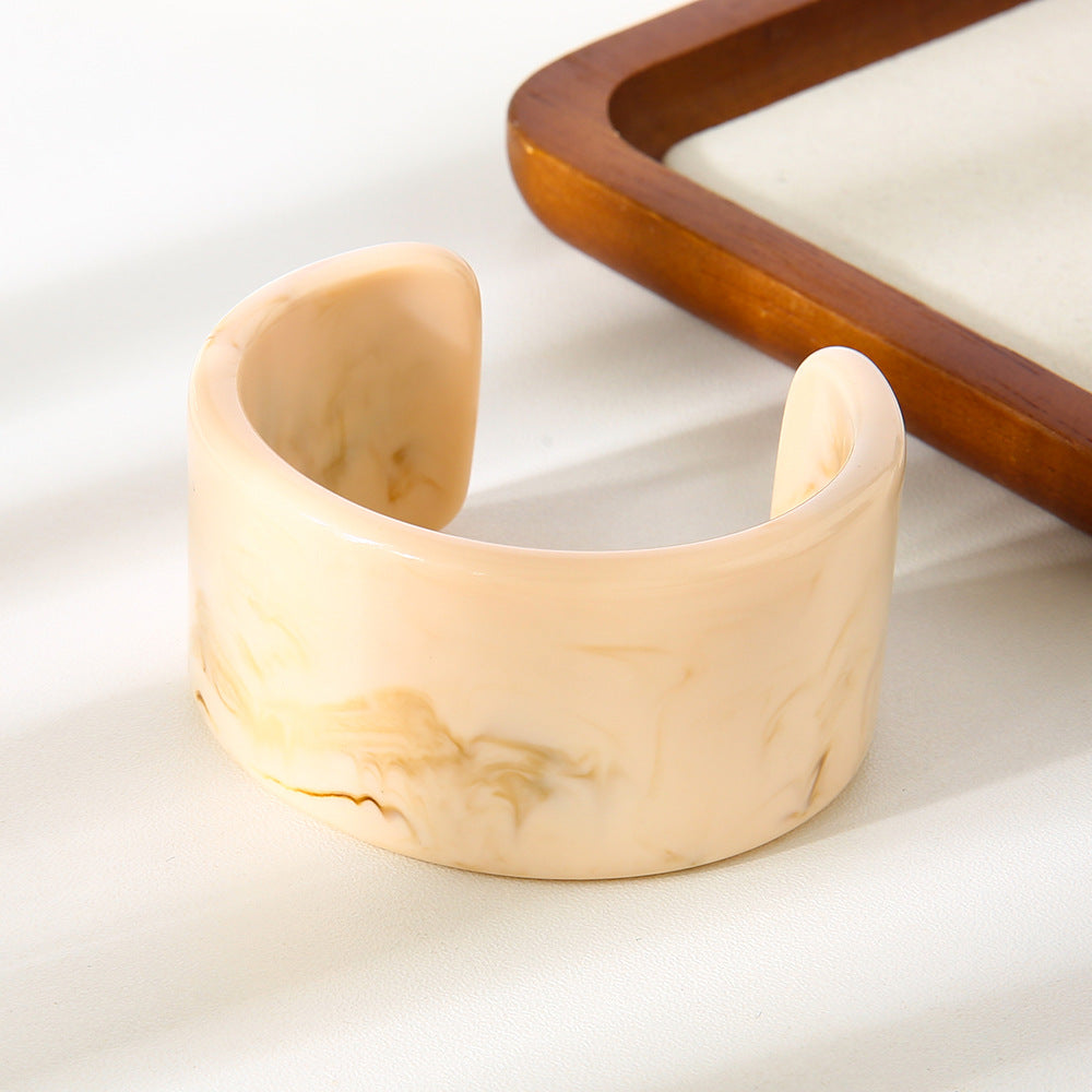 Handmade Maillard Style Wide Bracelet For Women, Resin Bangle Available In Beige