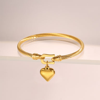 Roman Style Heart Shape Bangle For Super Bowl Featuring 304 Stainless Steel With 18K Real Gold Plated And Rhinestones Inlay