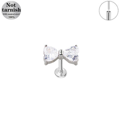 Three-dimensional Flowers Titanium Steel Lip Ring With Platinum Plating And Zircon Inlay, 1 PCS Package, Unisex