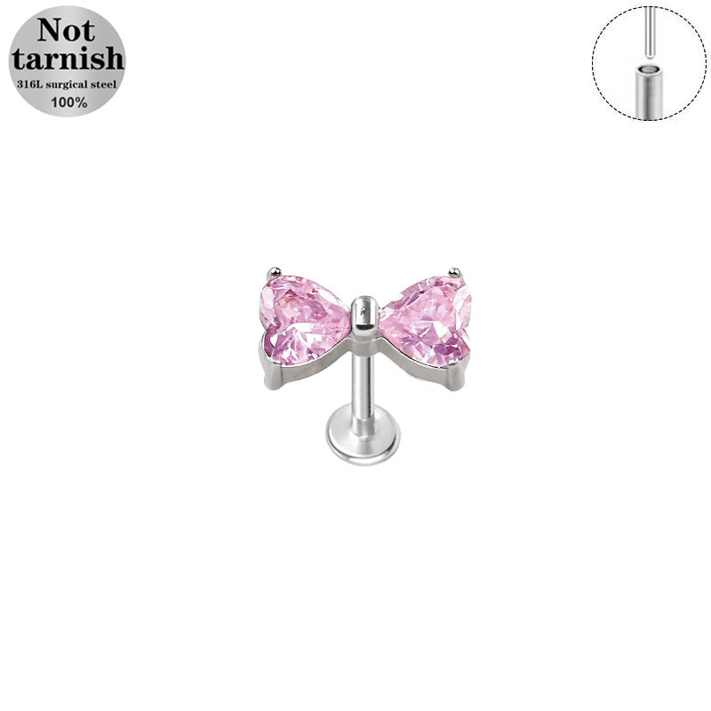 Three-dimensional Flowers Titanium Steel Lip Ring With Platinum Plating And Zircon Inlay, 1 PCS Package, Unisex