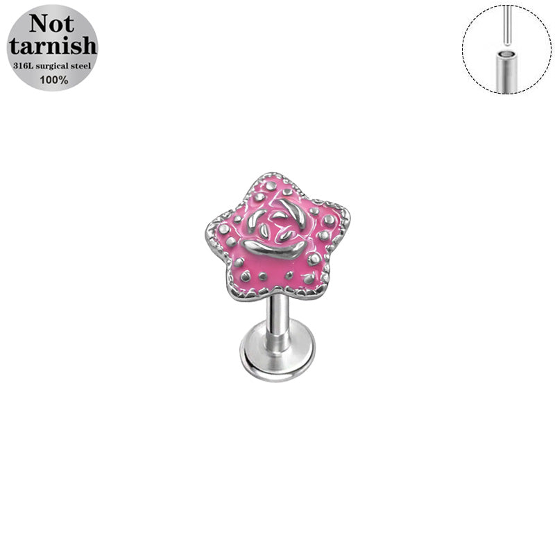 Three-dimensional Flowers Titanium Steel Lip Ring With Platinum Plating And Zircon Inlay, 1 PCS Package, Unisex