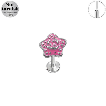 Three-dimensional Flowers Titanium Steel Lip Ring With Platinum Plating And Zircon Inlay, 1 PCS Package, Unisex