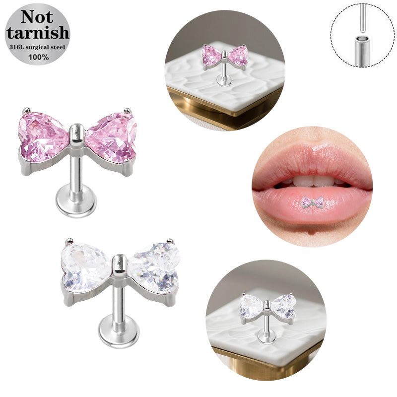 Three-dimensional Flowers Titanium Steel Lip Ring With Platinum Plating And Zircon Inlay, 1 PCS Package, Unisex