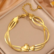 Gold Three-layer Blade Heart Bracelet