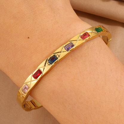 Solid Color Rock Style Bangle For New Year Featuring 304 Stainless Steel With 18K Real Gold Plated And Rhinestones Inlay