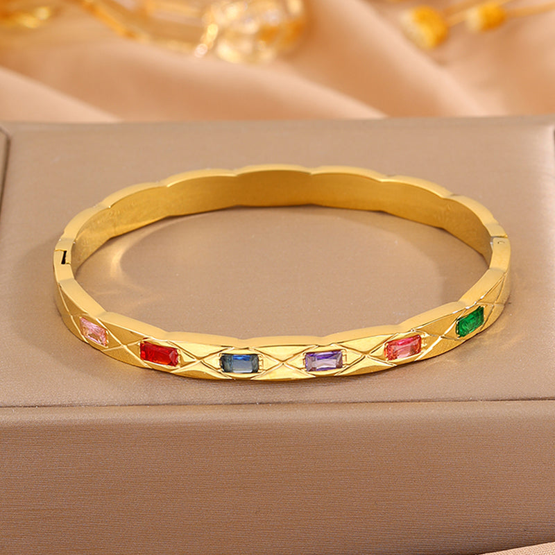 Solid Color Rock Style Bangle For New Year Featuring 304 Stainless Steel With 18K Real Gold Plated And Rhinestones Inlay