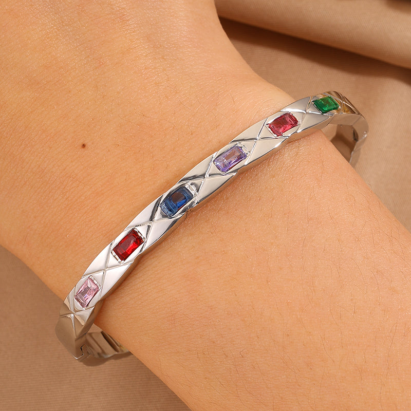 Solid Color Rock Style Bangle For New Year Featuring 304 Stainless Steel With 18K Real Gold Plated And Rhinestones Inlay