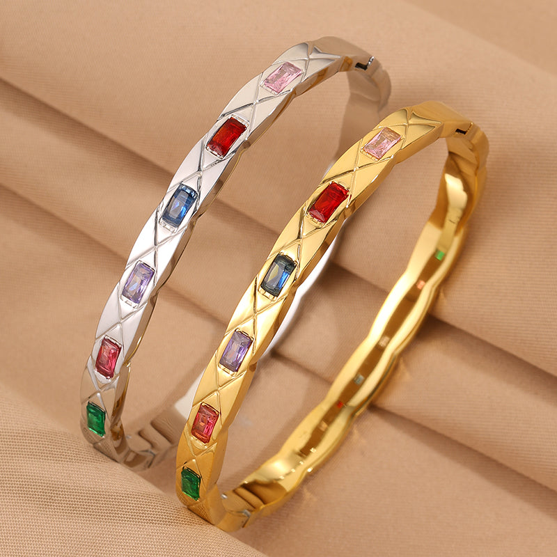 Solid Color Rock Style Bangle For New Year Featuring 304 Stainless Steel With 18K Real Gold Plated And Rhinestones Inlay