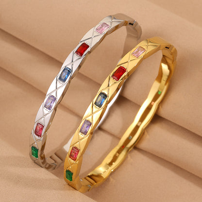 Solid Color Rock Style Bangle For New Year Featuring 304 Stainless Steel With 18K Real Gold Plated And Rhinestones Inlay