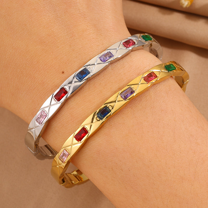 Solid Color Rock Style Bangle For New Year Featuring 304 Stainless Steel With 18K Real Gold Plated And Rhinestones Inlay