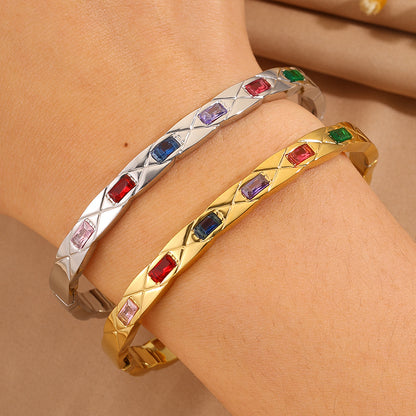 Solid Color Rock Style Bangle For New Year Featuring 304 Stainless Steel With 18K Real Gold Plated And Rhinestones Inlay