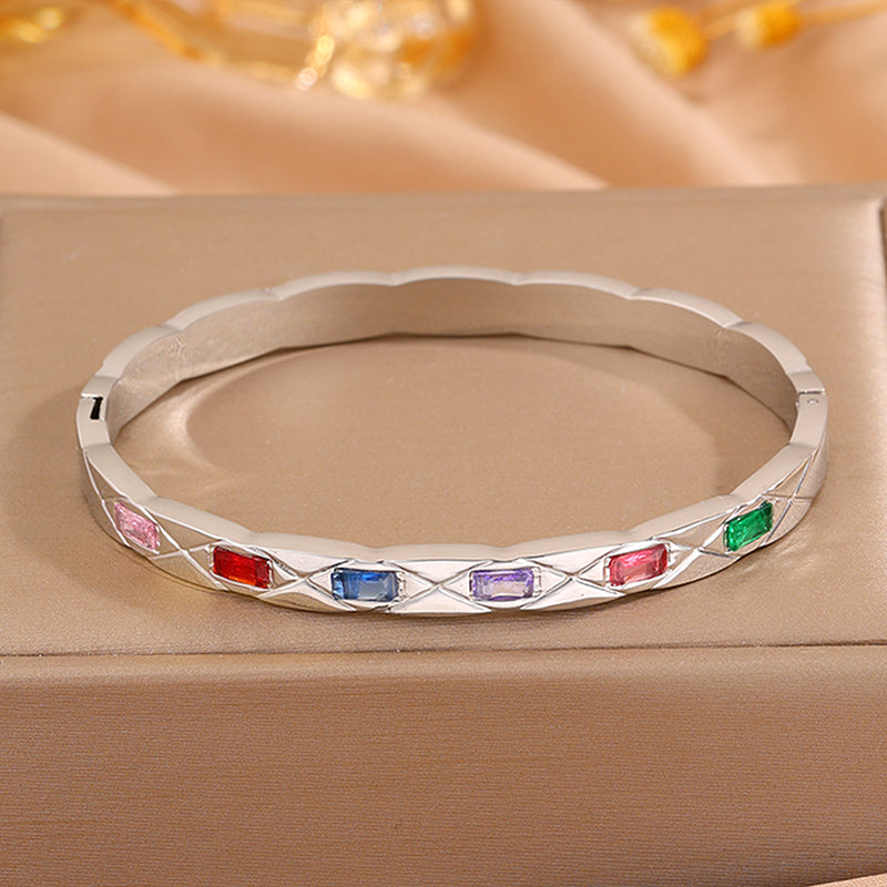 Solid Color Rock Style Bangle For New Year Featuring 304 Stainless Steel With 18K Real Gold Plated And Rhinestones Inlay