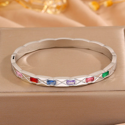 Solid Color Rock Style Bangle For New Year Featuring 304 Stainless Steel With 18K Real Gold Plated And Rhinestones Inlay