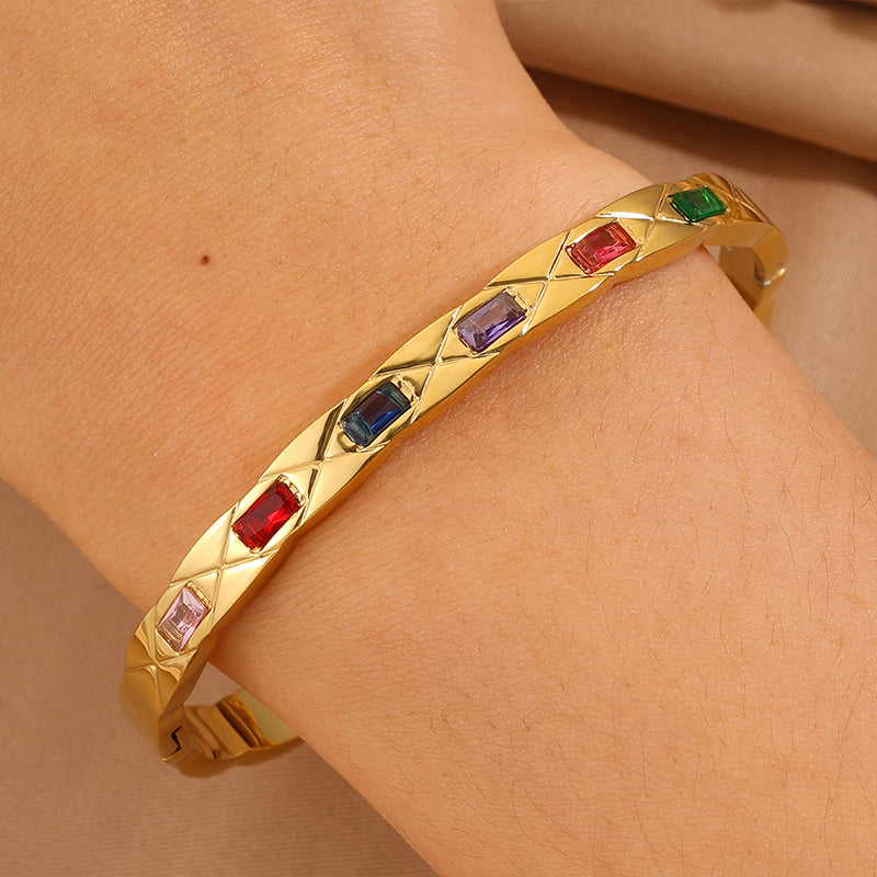 Solid Color Rock Style Bangle For New Year Featuring 304 Stainless Steel With 18K Real Gold Plated And Rhinestones Inlay